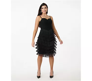Unique Vintage Black Chevron Fringe Pencil Dress