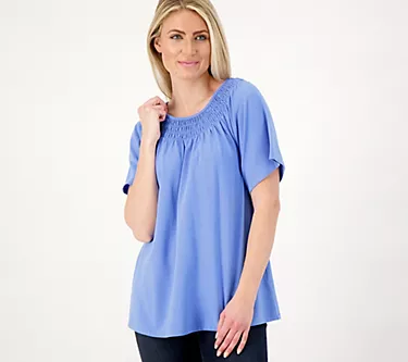 Denim & Co. Favorite Jersey Smocked Boat Short Flutter Sleeve Top
