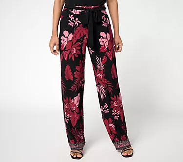 Susan Graver Petite Printed Liquid Knit Wide Leg Pant with Belt