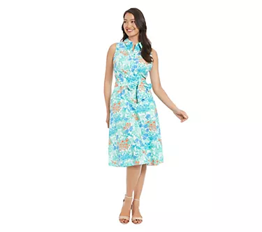 London Times Sleeveless Printed Linen Midi Dress