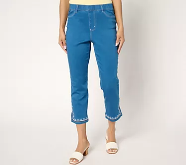 Susan Graver Petite Soft Stretch Embroidered Hem Crop Jeans
