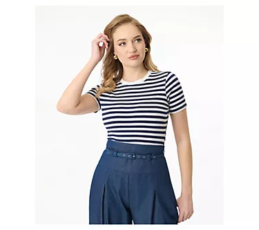 Unique Vintage Navy & White Stripe Cotton BackTo Basics Top