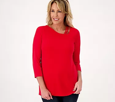 Susan Graver Petite Liquid Knit Asymmetric 3/4 Sleeve Tunic