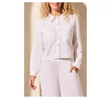 Tribal Linen Blend Button-Front Jacket With Chest Pockets