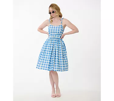 Unique Vintage Blue & White Gingham Bobbie Swing Dress
