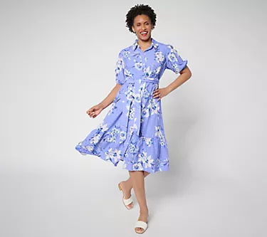 Susan Graver Regular Printed Textured Woven Button Front Midi Dress