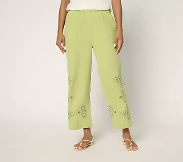 Susan Graver PURE Regular Getaway Gauze Embroidered Wide Leg Pants