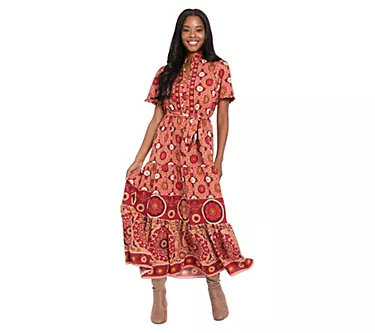 London Times Ruffle Neck Tiered Maxi Dress