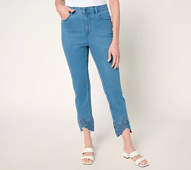 Susan Graver Regular Slim Leg Ankle Jean w/ Embroidered Hem