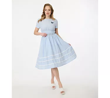 Unique Vintage 1950s Light Blue Cotton Swing Dress