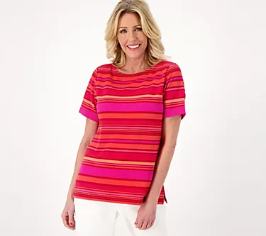 Isaac Mizrahi Live! Striped Pebble Knit Boat Neck Top