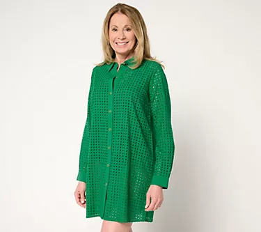 Susan Graver Soleil Regular Eyelet Button Front Cover-Up