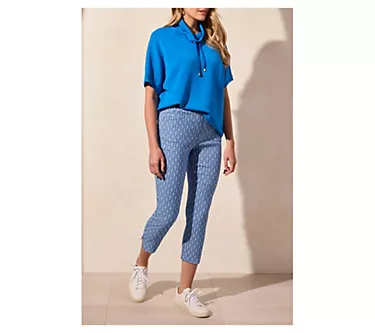 Tribal Light Scuba Knit Funnel Neck Short Sleeve Top