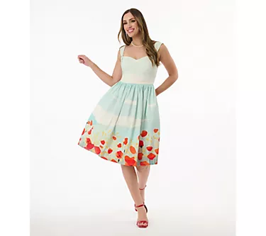 Unique Vintage Blue Sky & Poppy Field Sleeveless Swing Dress