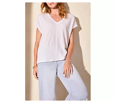 Tribal Cap-Sleeve V-Neck Puckered Knit Top