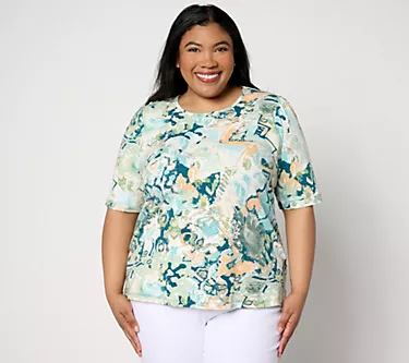 Denim & Co. Printed Texture Knit Elbow-Sleeve Top