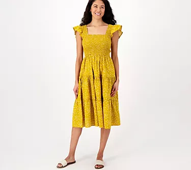 Candace Cameron Bure Petite Printed Smocked Midi Dress