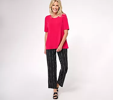 Susan Graver Liquid Knit Reg A-Line Top and Printed Ankle Pants Set
