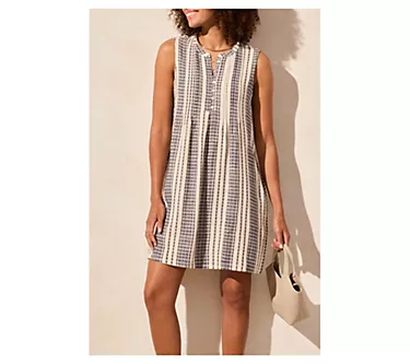 Tribal Yarn Dye Stripe Pintucked Sleeveless Dress