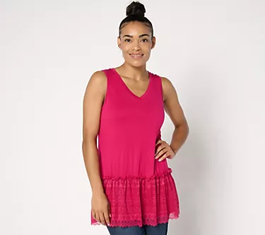 LOGO Layers by Lori Goldstein V-Neck Tank with Lace Hem