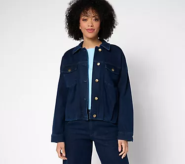 Carla Rockmore Collection Pleated Bubble Hem Denim Jacket- Indigo