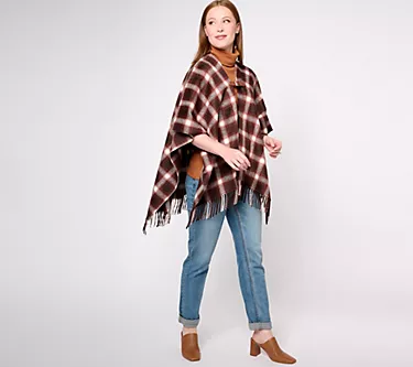 Denim & Co. Heritage Plaid Topper with Fringe Hem