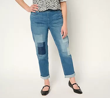 LOGO by Lori Goldstein Indigo Petite Pull-On Ankle Boyfriend Jeans