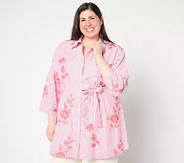 Dennis Basso Regular Button Front Embroidered Poplin Duster