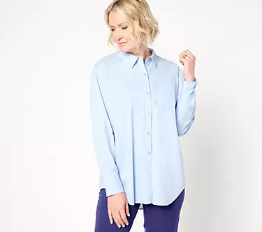 Susan Graver Regular Woven Poplin Button- Front High-Low Hem Shirt