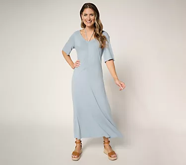 Peace Love World Petite Ruch Front Short Sleeve Midi Dress