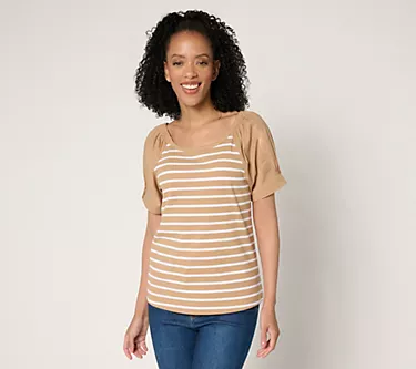 Isaac Mizrahi Live! Yacht Club Rib Knit Puff Sleeve Top