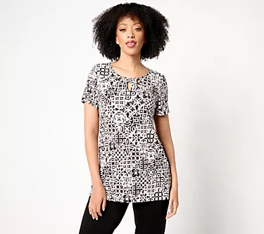 Susan Graver Petite Printed Liquid Knit Tunic with Grommet Detail