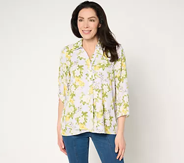 Joan Rivers Georgette Gardenia Print Blouse with Roll-Tab Sleeve