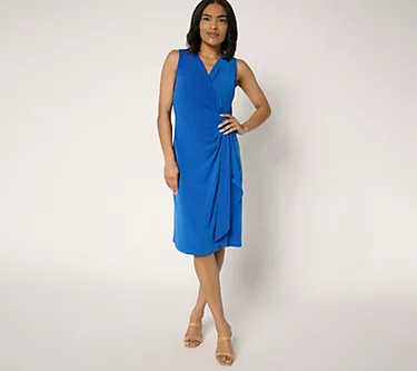 Susan Graver Petite Liquid Knit Faux Wrap Cascade Dress