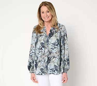 Martha Stewart Signature Woven Split V-Neck Button Front Blouse