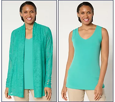 Susan Graver Petite Knit Jaccquard Cardigan & Tank Set