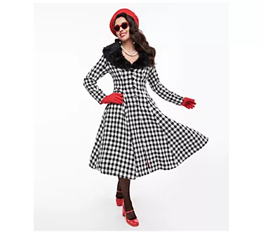 Unique Vintage 1950s Black & White Plaid CarrieSwing Coat