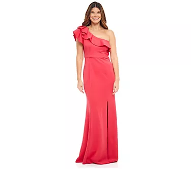 Rene Ruiz Collection One Shoulder Ruffle Gown