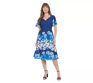 London Times Flutter Sleeve Floral Print MidiDress