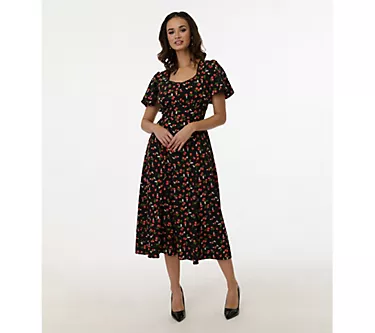 Unique Vintage 1940s Black & Strawberry Print Midi Dress