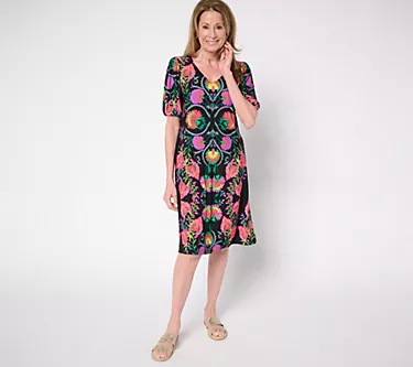 Susan Graver Petite Printed Liquid Knit Puff Sleeve V-Neck Dress