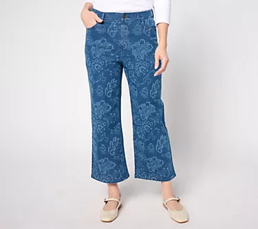 Denim & Co. Regular Laser Printed Wide Leg Crop Jean