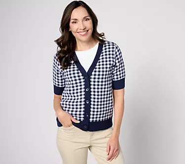 Denim & Co. Heritage Puff Sleeve Gingham Cardigan