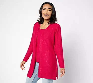 Isaac Mizrahi Live! Petite Sequin Yarn Open Front Duster Cardigan