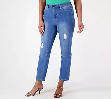 Susan Graver Regular Straight Leg Distressed Ankle Jean