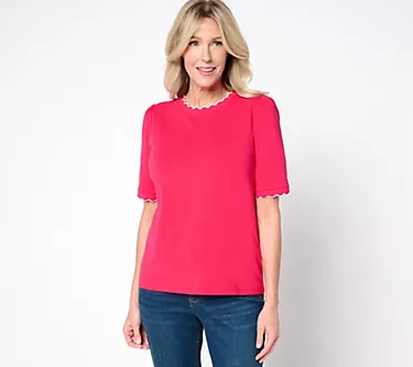 Isaac Mizrahi Live! Knit Crewneck Elbow Sleeve Top with Scallop Trim