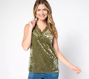 Belle Boho by Kim Gravel Crushed Velvet Lace Trim Tank