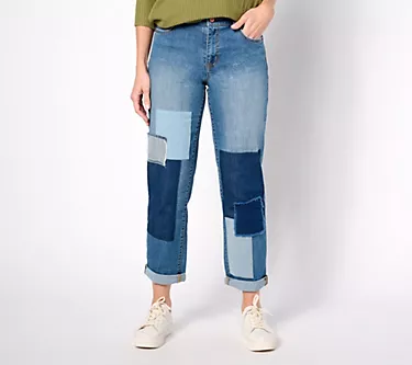 LOGO by Lori Goldstein Petite Patchwork Boyfriend Jeans