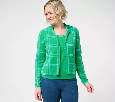 Isaac Mizrahi Live! Pointelle Check Sweater Cardigan with Collar