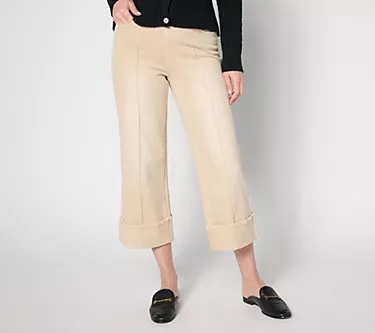 Isaac Mizrahi Live! Petite Knit Denim Wide-Leg Cuffed Crop Jeans